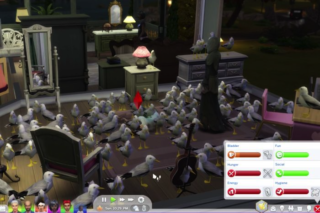A screenshot from Celine Song's The Seagull on The Sims 4 featuring a figure of Death surrounded by seagulls